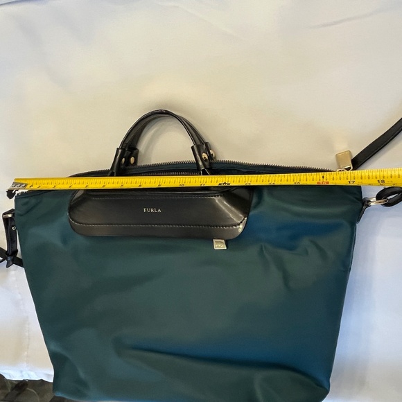 Furla dark green nylon & black leather tote satchel, cross-body, two-way. - Picture 12 of 16